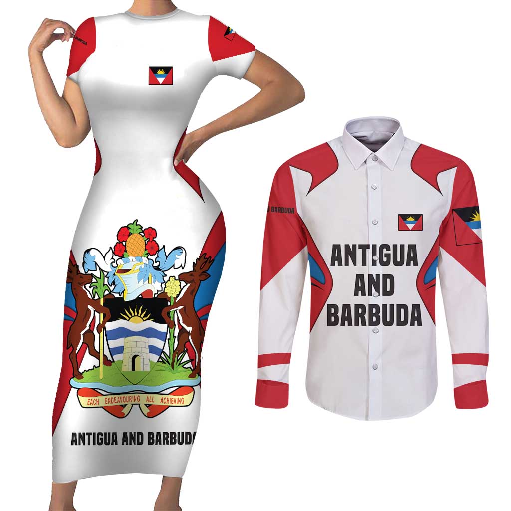 Antigua and Barbuda Flag Couples Matching Short Sleeve Bodycon Dress and Long Sleeve Button Shirt with National Coat of Arms - Wonder Print Shop