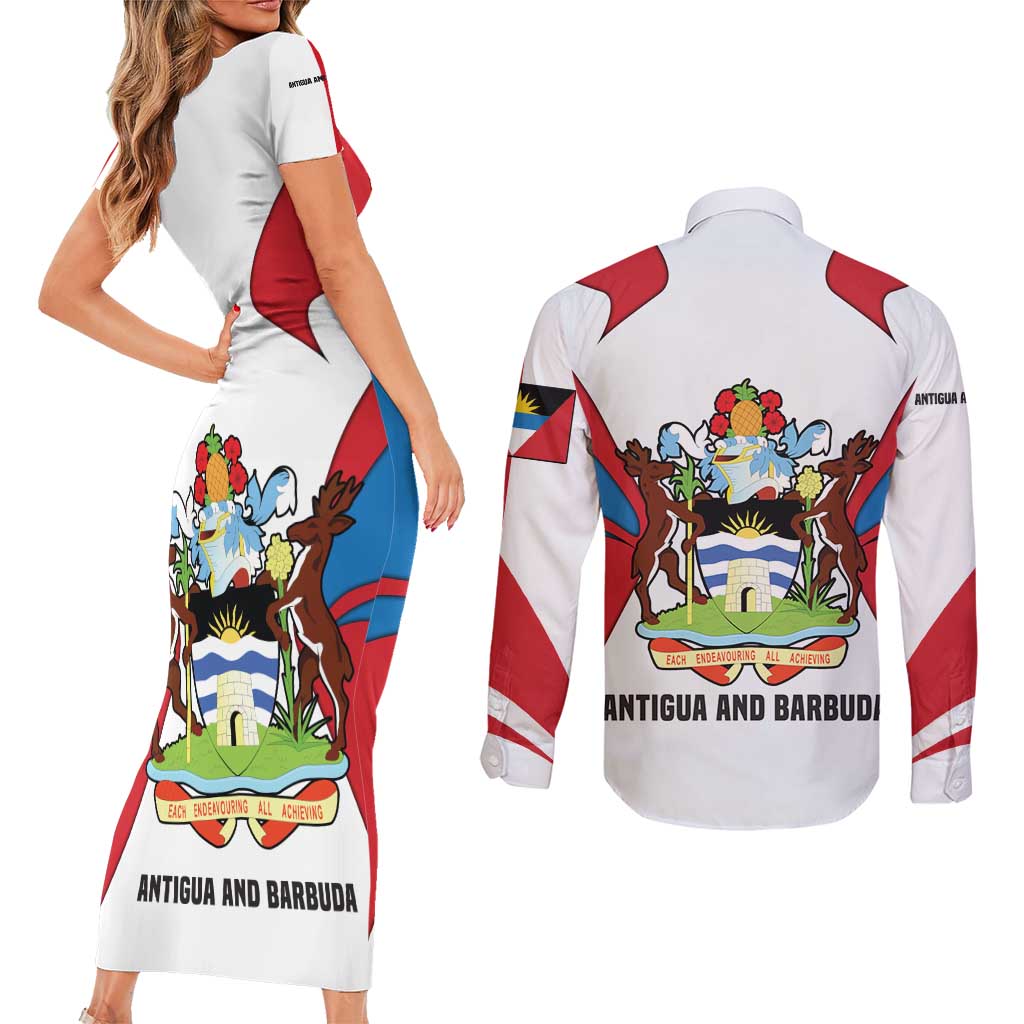 Antigua and Barbuda Flag Couples Matching Short Sleeve Bodycon Dress and Long Sleeve Button Shirt with National Coat of Arms - Wonder Print Shop