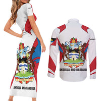 Antigua and Barbuda Flag Couples Matching Short Sleeve Bodycon Dress and Long Sleeve Button Shirt with National Coat of Arms - Wonder Print Shop
