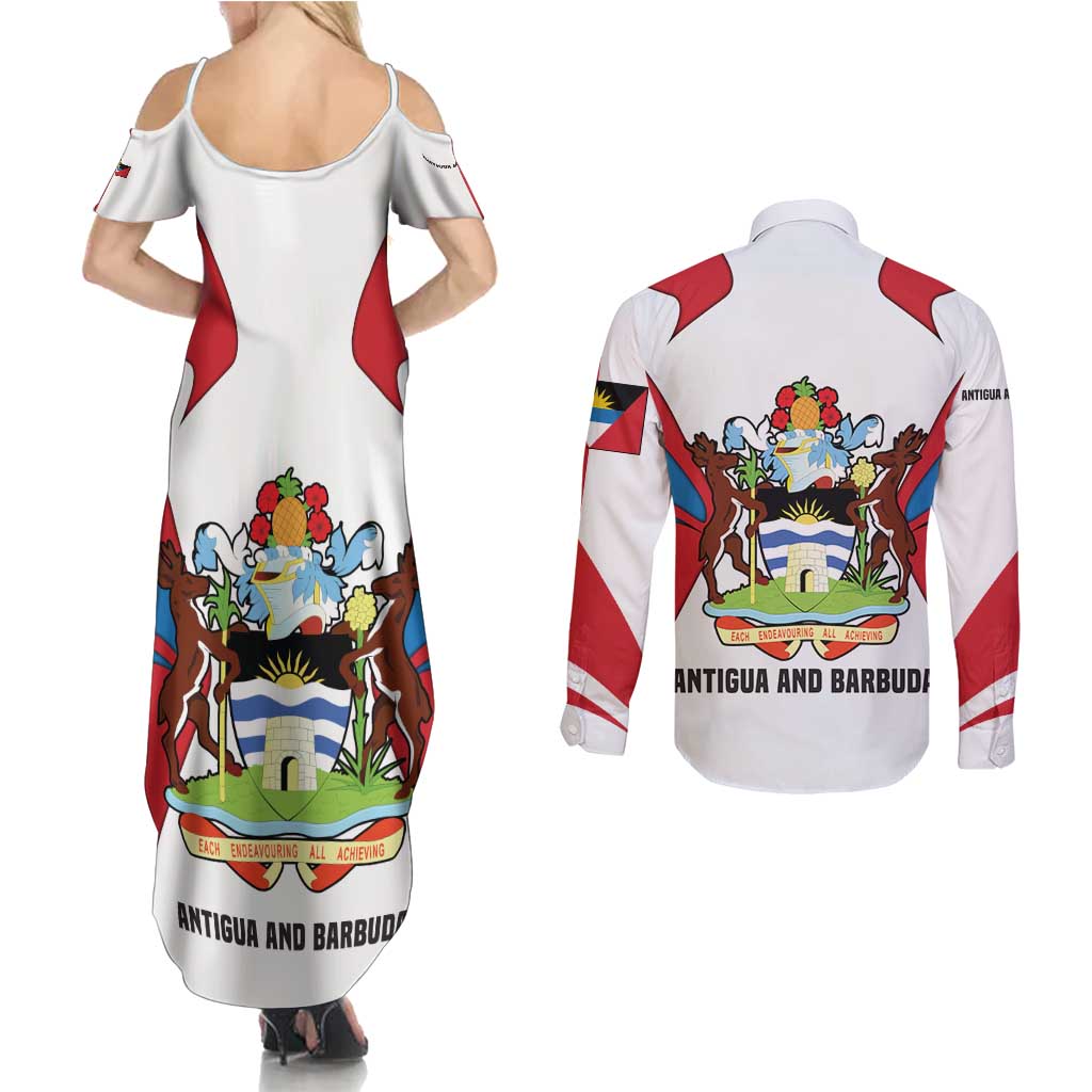 Antigua and Barbuda Flag Couples Matching Summer Maxi Dress and Long Sleeve Button Shirt with National Coat of Arms - Wonder Print Shop