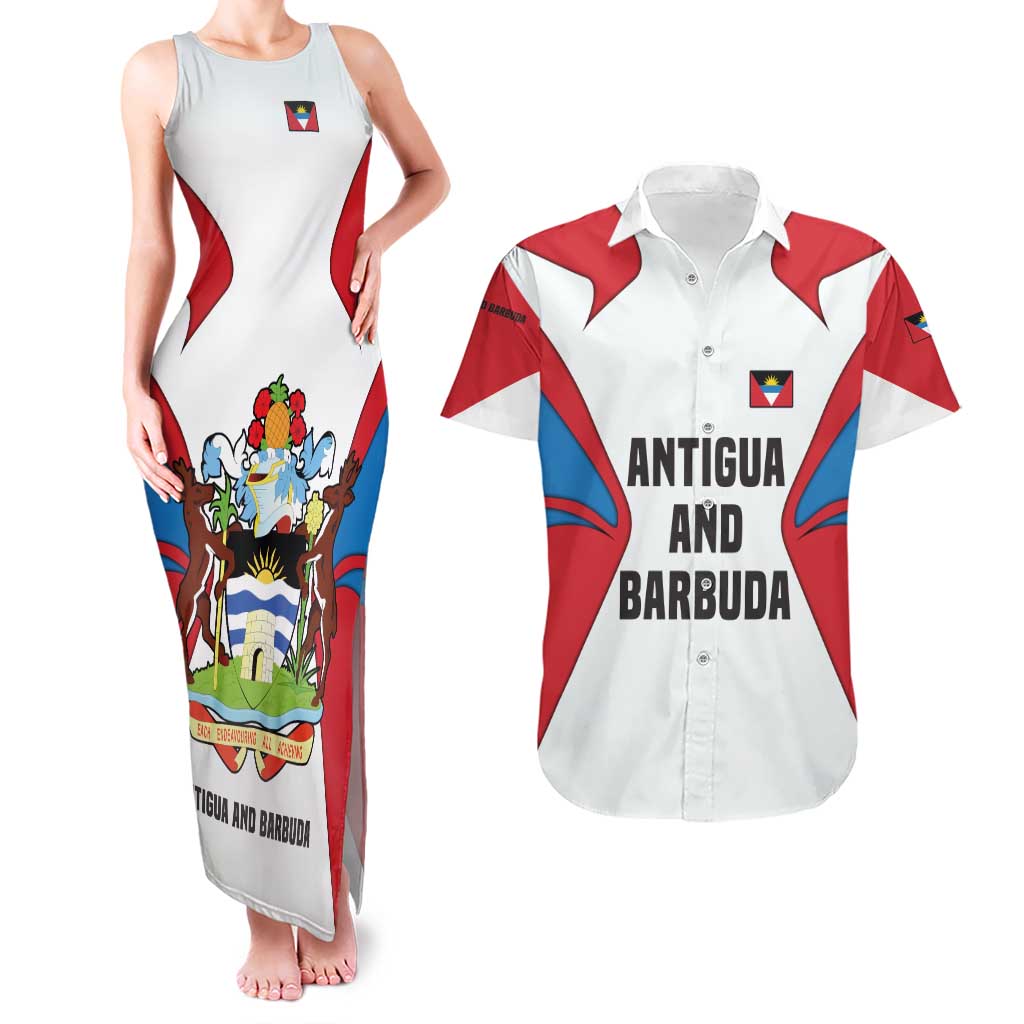 Antigua and Barbuda Flag Couples Matching Tank Maxi Dress and Hawaiian Shirt with National Coat of Arms - Wonder Print Shop
