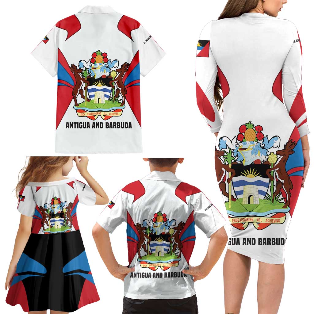Antigua and Barbuda Flag Family Matching Long Sleeve Bodycon Dress and Hawaiian Shirt with National Coat of Arms - Wonder Print Shop