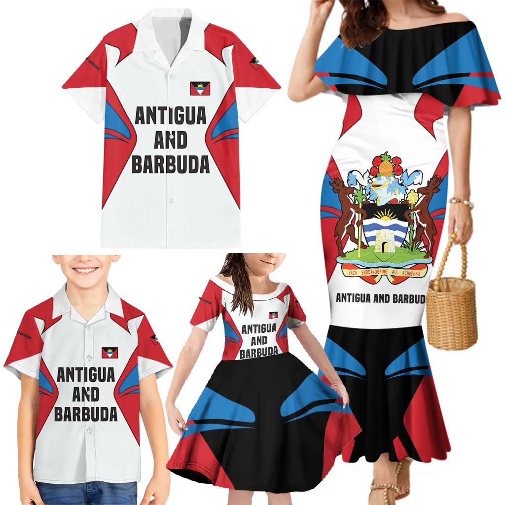 Antigua and Barbuda Flag Family Matching Mermaid Dress and Hawaiian Shirt with National Coat of Arms - Wonder Print Shop