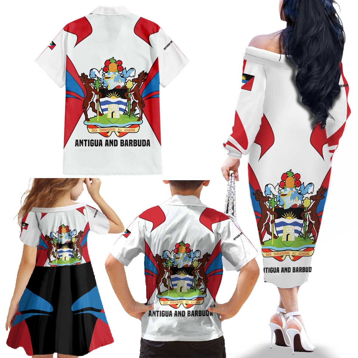 Antigua and Barbuda Flag Family Matching Off The Shoulder Long Sleeve Dress and Hawaiian Shirt with National Coat of Arms - Wonder Print Shop