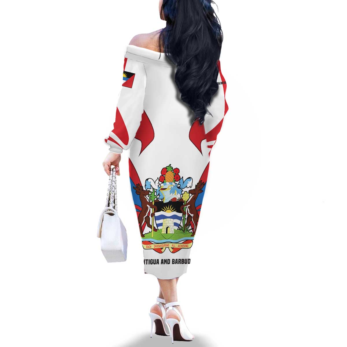Antigua and Barbuda Flag Family Matching Off The Shoulder Long Sleeve Dress and Hawaiian Shirt with National Coat of Arms - Wonder Print Shop