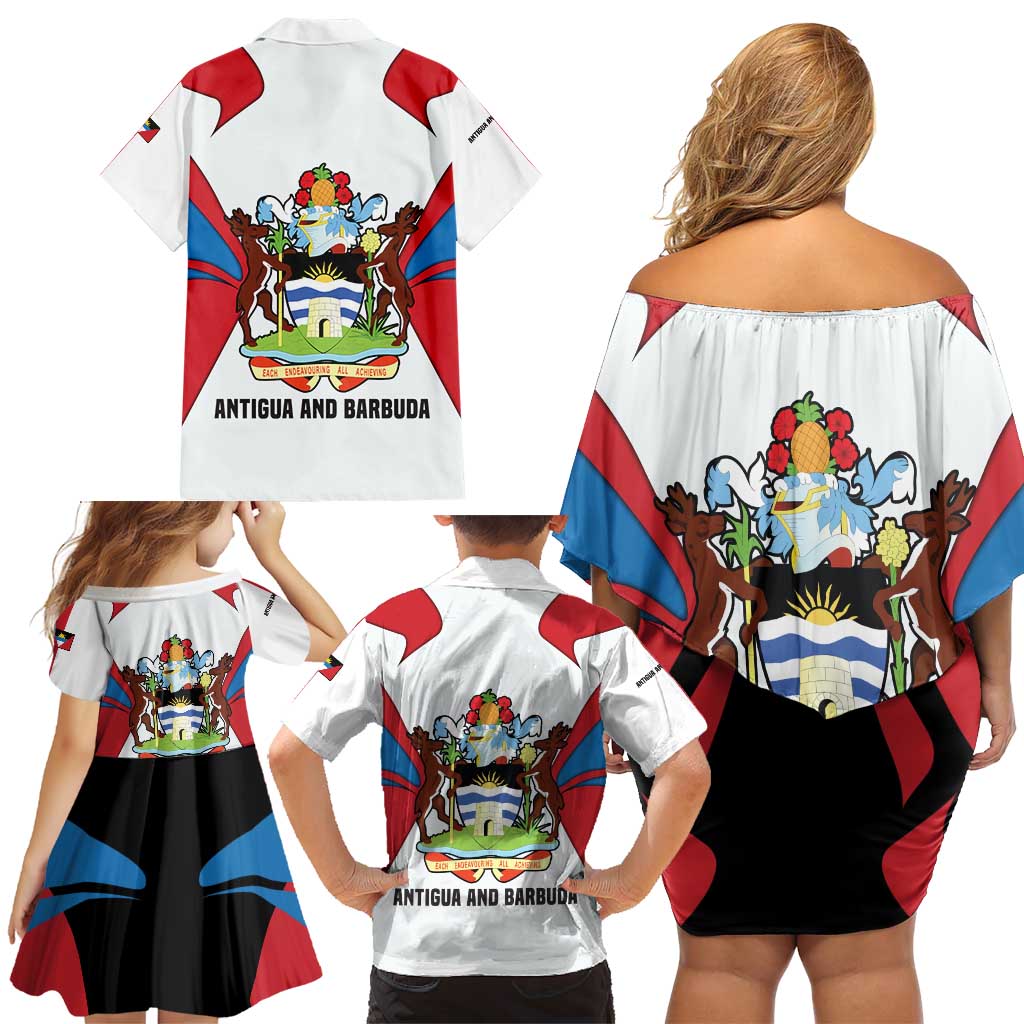 Antigua and Barbuda Flag Family Matching Off Shoulder Short Dress and Hawaiian Shirt with National Coat of Arms - Wonder Print Shop