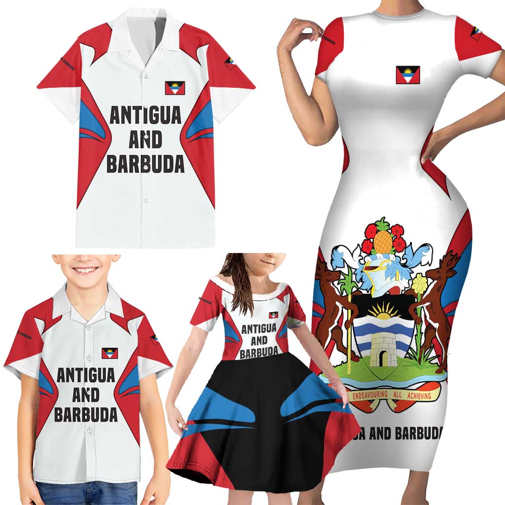 Antigua and Barbuda Flag Family Matching Short Sleeve Bodycon Dress and Hawaiian Shirt with National Coat of Arms - Wonder Print Shop