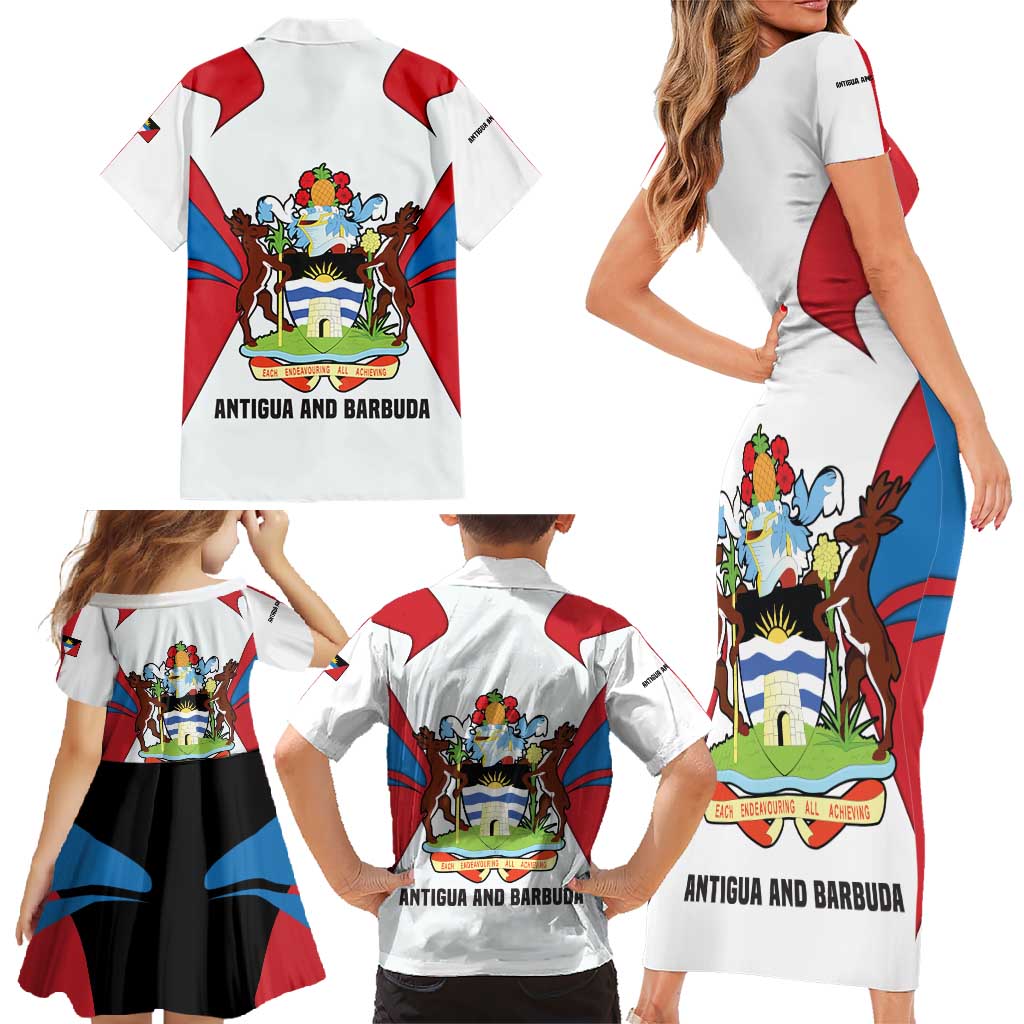 Antigua and Barbuda Flag Family Matching Short Sleeve Bodycon Dress and Hawaiian Shirt with National Coat of Arms - Wonder Print Shop