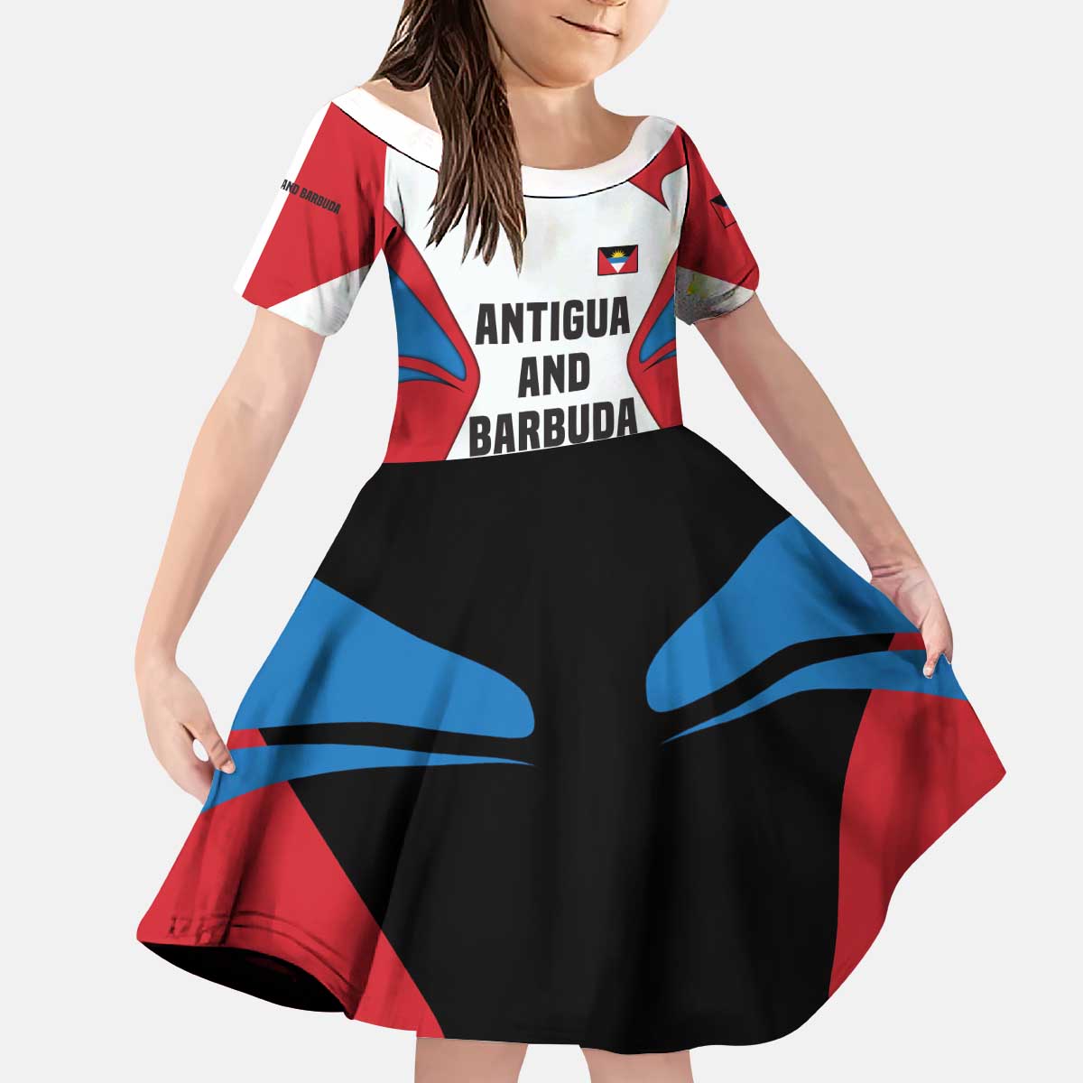 Antigua and Barbuda Flag Kid Short Sleeve Dress with National Coat of Arms - Wonder Print Shop
