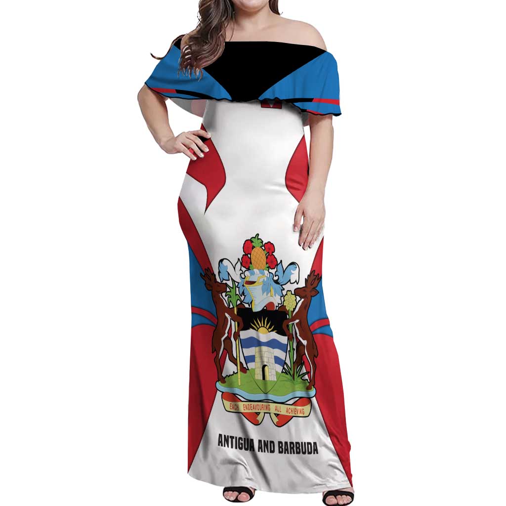 Antigua and Barbuda Flag Off Shoulder Maxi Dress with National Coat of Arms - Wonder Print Shop