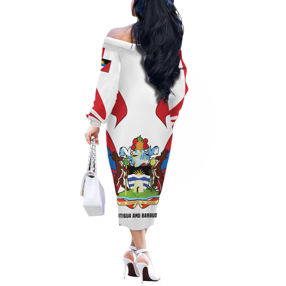 Antigua and Barbuda Flag Off The Shoulder Long Sleeve Dress with National Coat of Arms - Wonder Print Shop