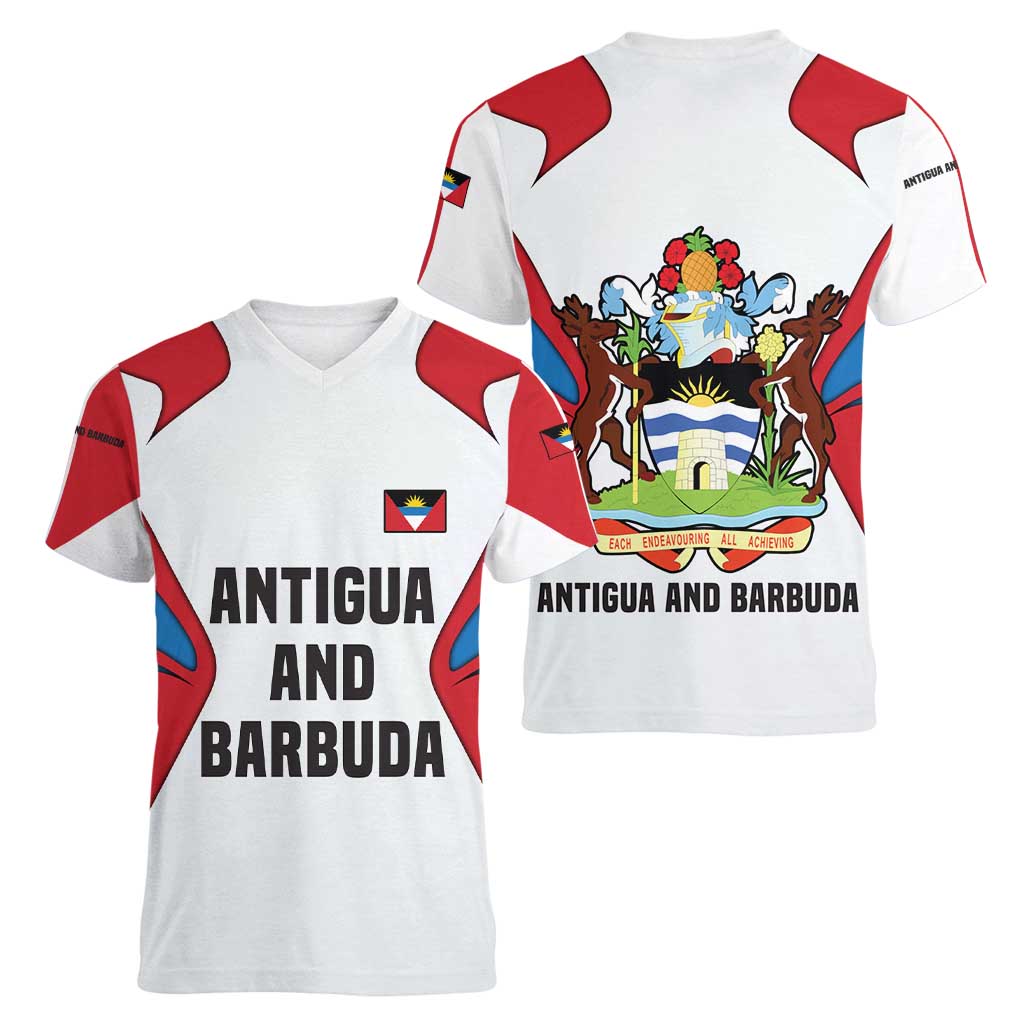 Antigua and Barbuda Flag Women V-Neck T-Shirt with National Coat of Arms - Wonder Print Shop
