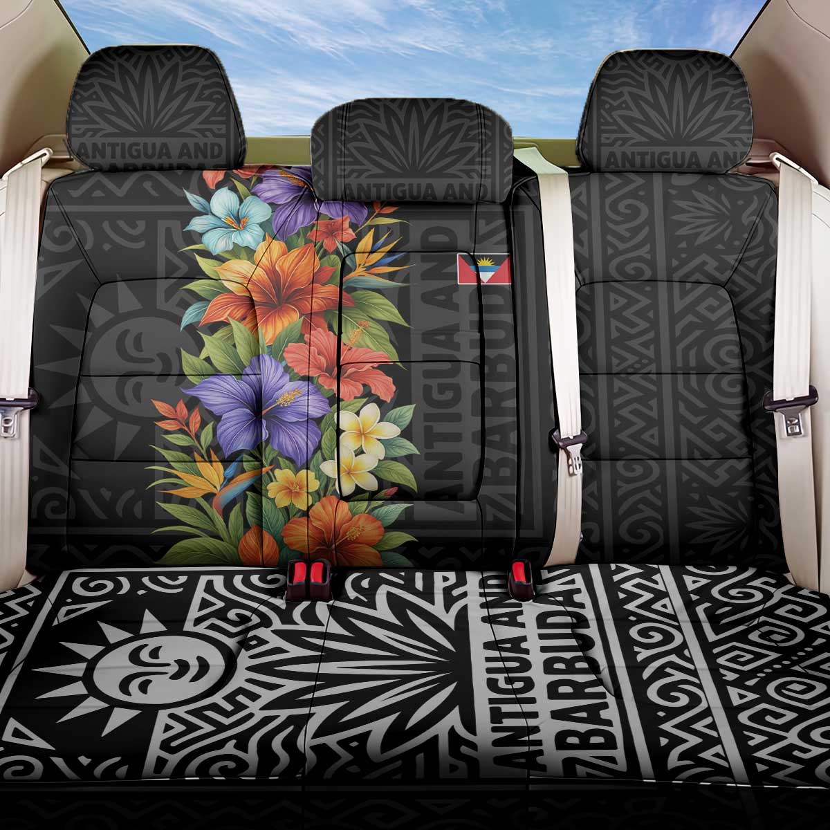 Antigua and Barbuda Floral Back Car Seat Cover with Tropical Hibiscus with National Flag - Wonder Print Shop