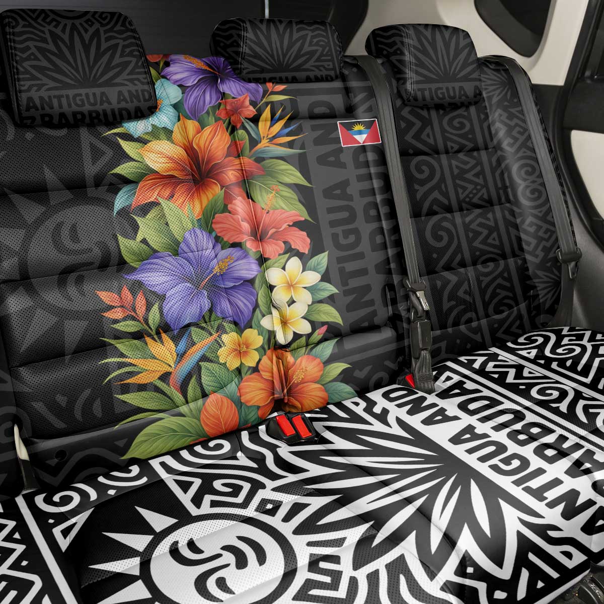 Antigua and Barbuda Floral Back Car Seat Cover with Tropical Hibiscus with National Flag - Wonder Print Shop