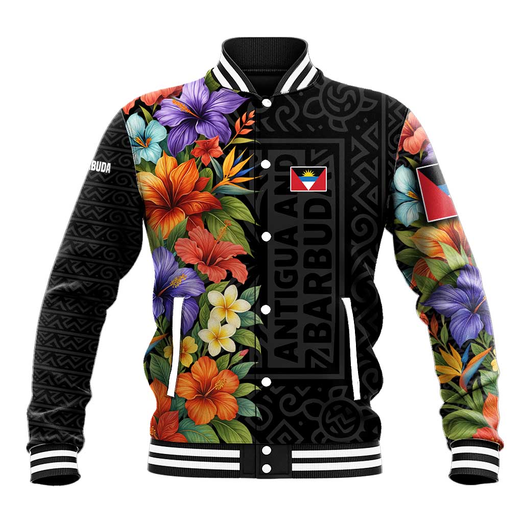 Antigua and Barbuda Floral Baseball Jacket with Tropical Hibiscus with National Flag - Wonder Print Shop