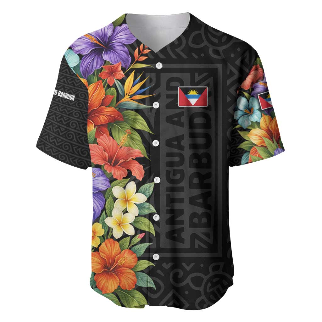 Antigua and Barbuda Floral Baseball Jersey with Tropical Hibiscus with National Flag - Wonder Print Shop