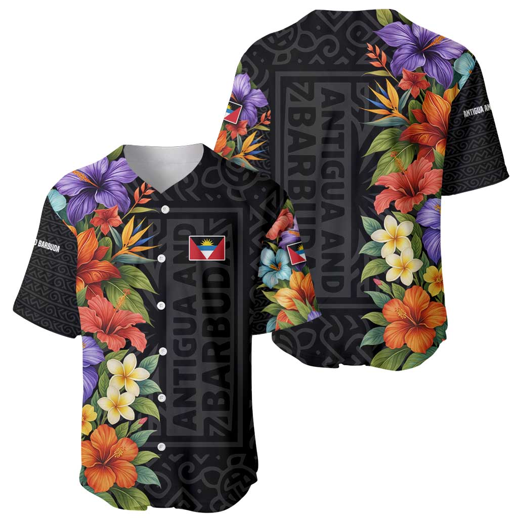 Antigua and Barbuda Floral Baseball Jersey with Tropical Hibiscus with National Flag - Wonder Print Shop