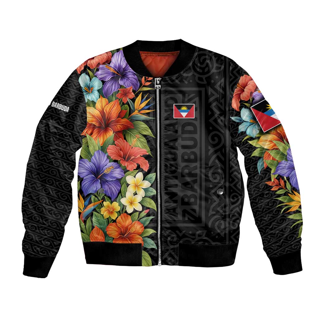 Antigua and Barbuda Floral Bomber Jacket with Tropical Hibiscus with National Flag - Wonder Print Shop
