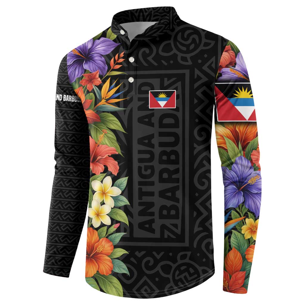 Antigua and Barbuda Floral Button Sweatshirt with Tropical Hibiscus with National Flag - Wonder Print Shop