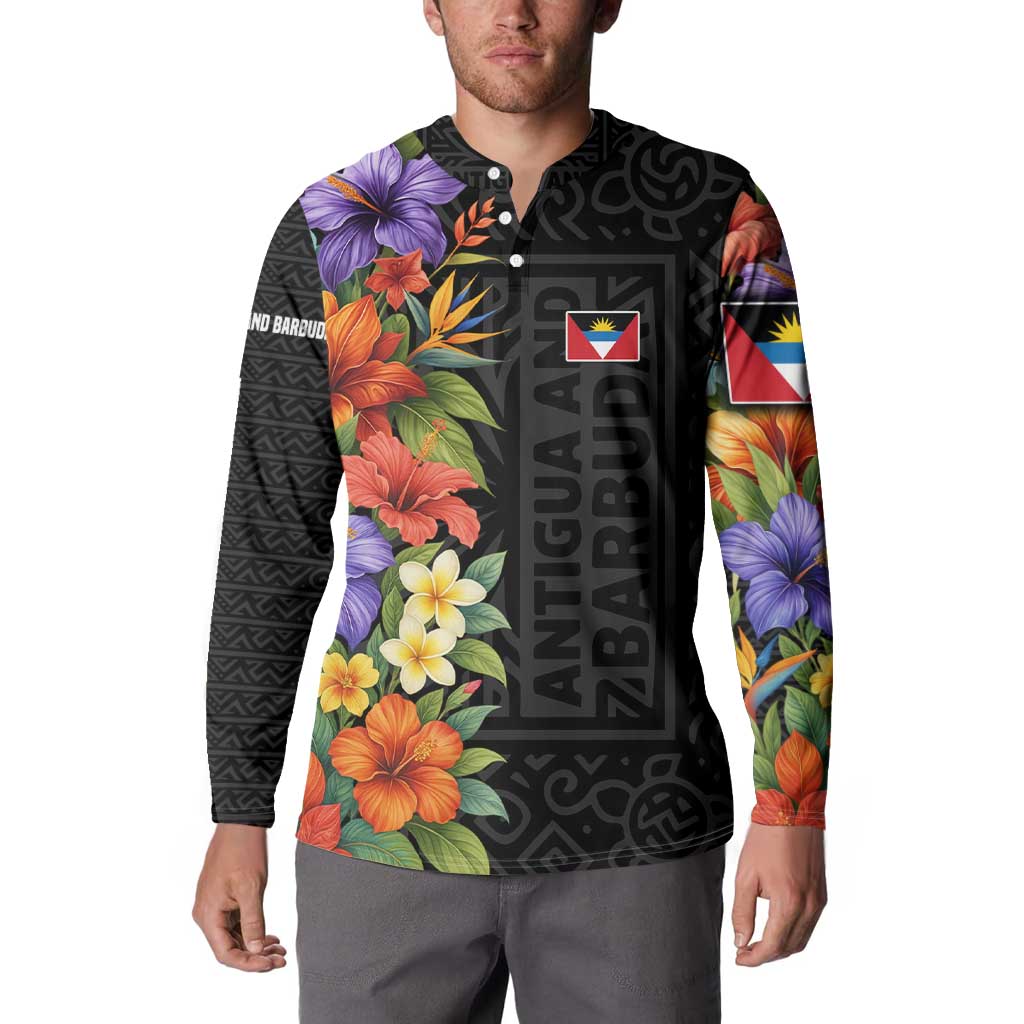 Antigua and Barbuda Floral Button Sweatshirt with Tropical Hibiscus with National Flag - Wonder Print Shop