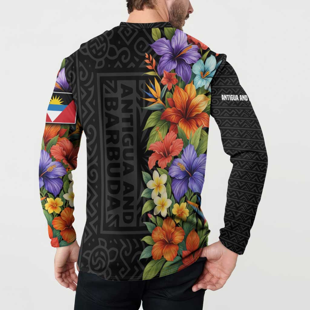 Antigua and Barbuda Floral Button Sweatshirt with Tropical Hibiscus with National Flag - Wonder Print Shop