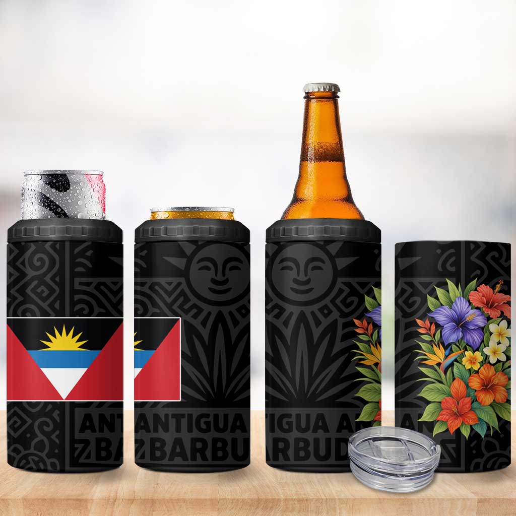 Antigua and Barbuda Floral 4 in 1 Can Cooler Tumbler with Tropical Hibiscus with National Flag - Wonder Print Shop