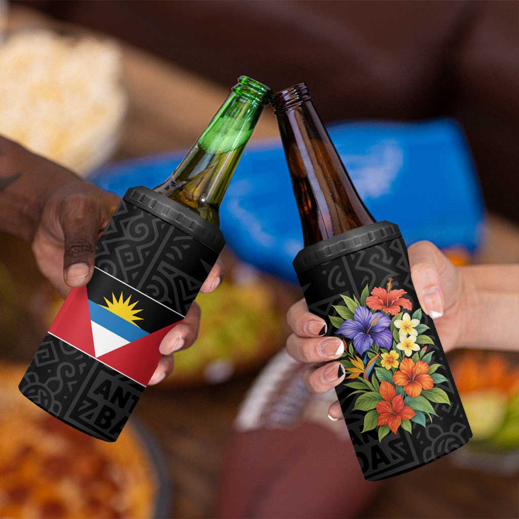 Antigua and Barbuda Floral 4 in 1 Can Cooler Tumbler with Tropical Hibiscus with National Flag - Wonder Print Shop