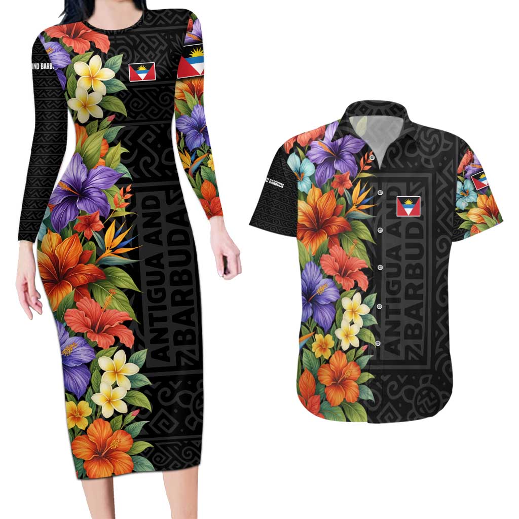 Antigua and Barbuda Floral Couples Matching Long Sleeve Bodycon Dress and Hawaiian Shirt with Tropical Hibiscus with National Flag - Wonder Print Shop