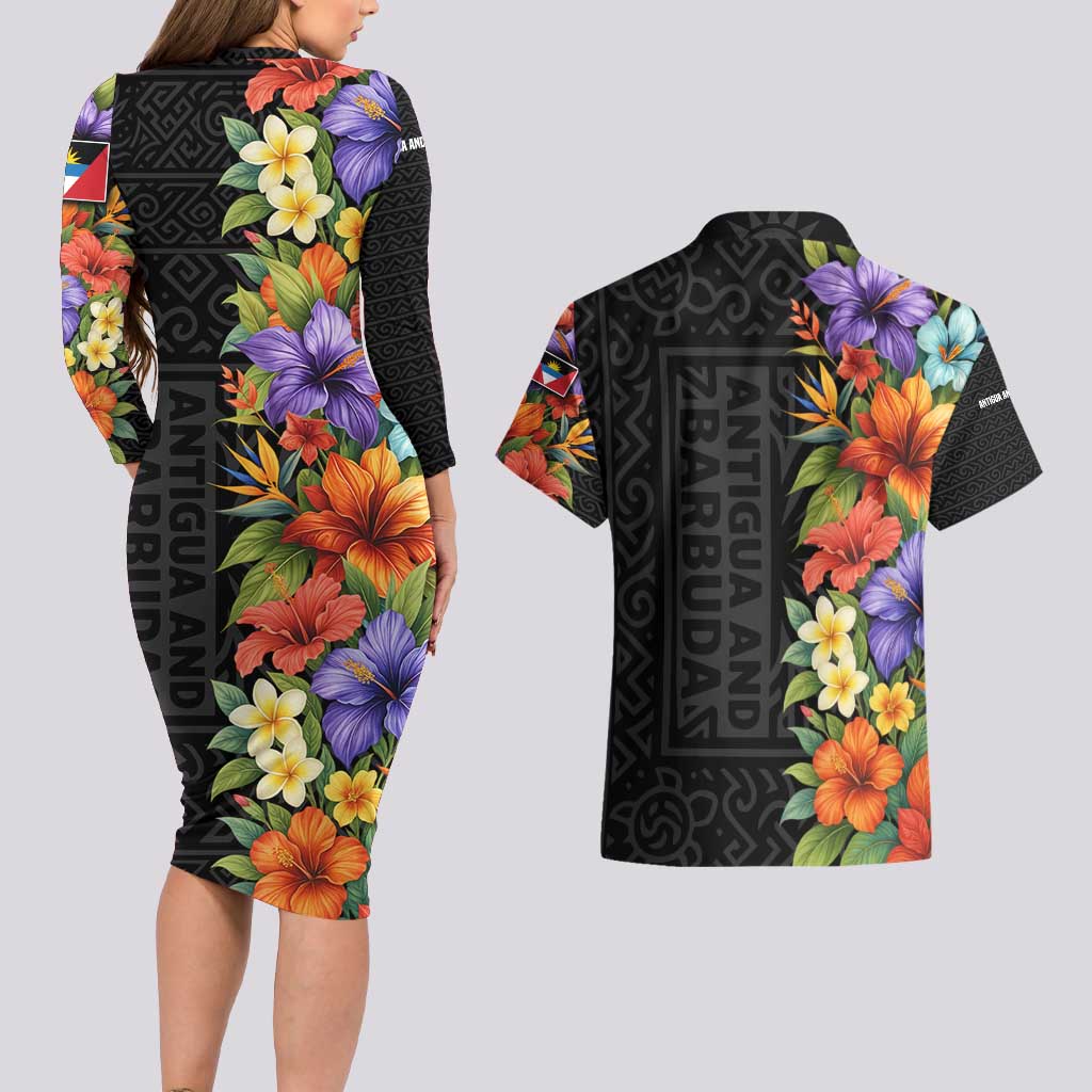 Antigua and Barbuda Floral Couples Matching Long Sleeve Bodycon Dress and Hawaiian Shirt with Tropical Hibiscus with National Flag - Wonder Print Shop