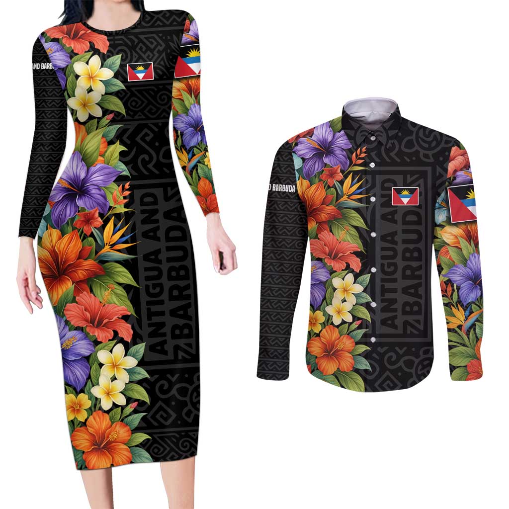 Antigua and Barbuda Floral Couples Matching Long Sleeve Bodycon Dress and Long Sleeve Button Shirt with Tropical Hibiscus with National Flag - Wonder Print Shop
