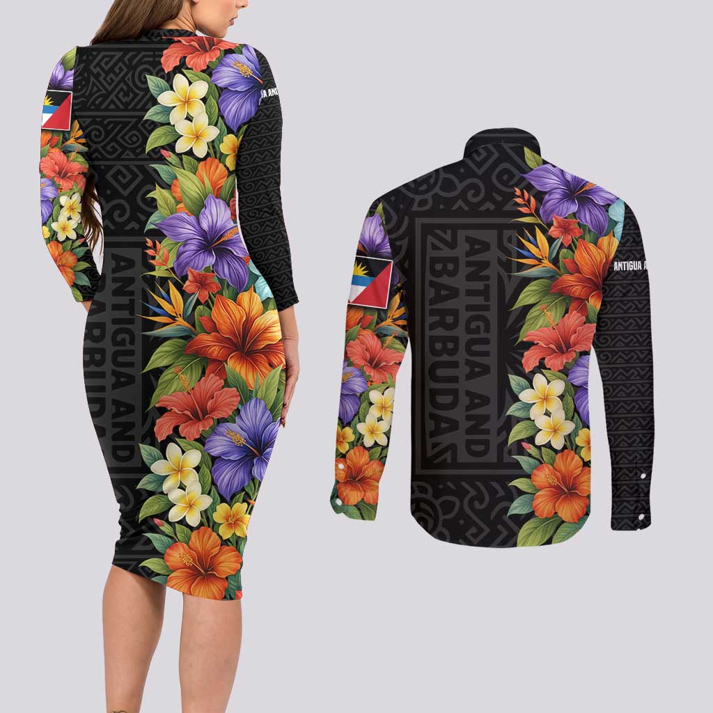 Antigua and Barbuda Floral Couples Matching Long Sleeve Bodycon Dress and Long Sleeve Button Shirt with Tropical Hibiscus with National Flag - Wonder Print Shop
