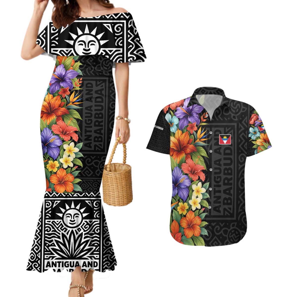 Antigua and Barbuda Floral Couples Matching Mermaid Dress and Hawaiian Shirt with Tropical Hibiscus with National Flag - Wonder Print Shop