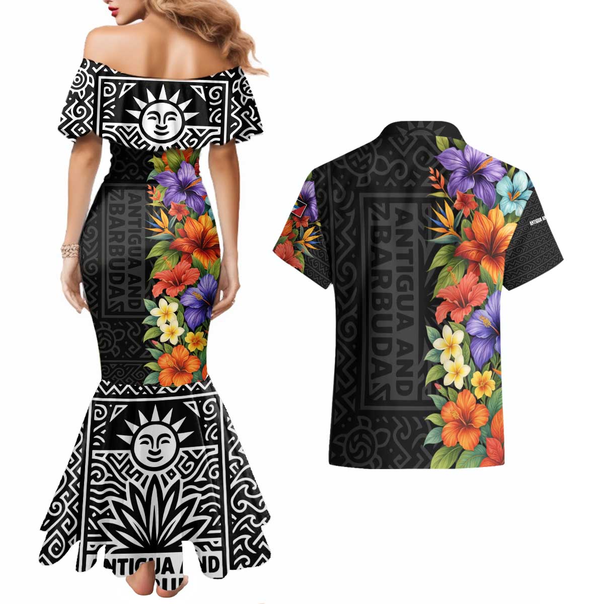 Antigua and Barbuda Floral Couples Matching Mermaid Dress and Hawaiian Shirt with Tropical Hibiscus with National Flag - Wonder Print Shop