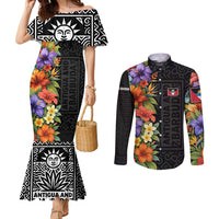 Antigua and Barbuda Floral Couples Matching Mermaid Dress and Long Sleeve Button Shirt with Tropical Hibiscus with National Flag - Wonder Print Shop