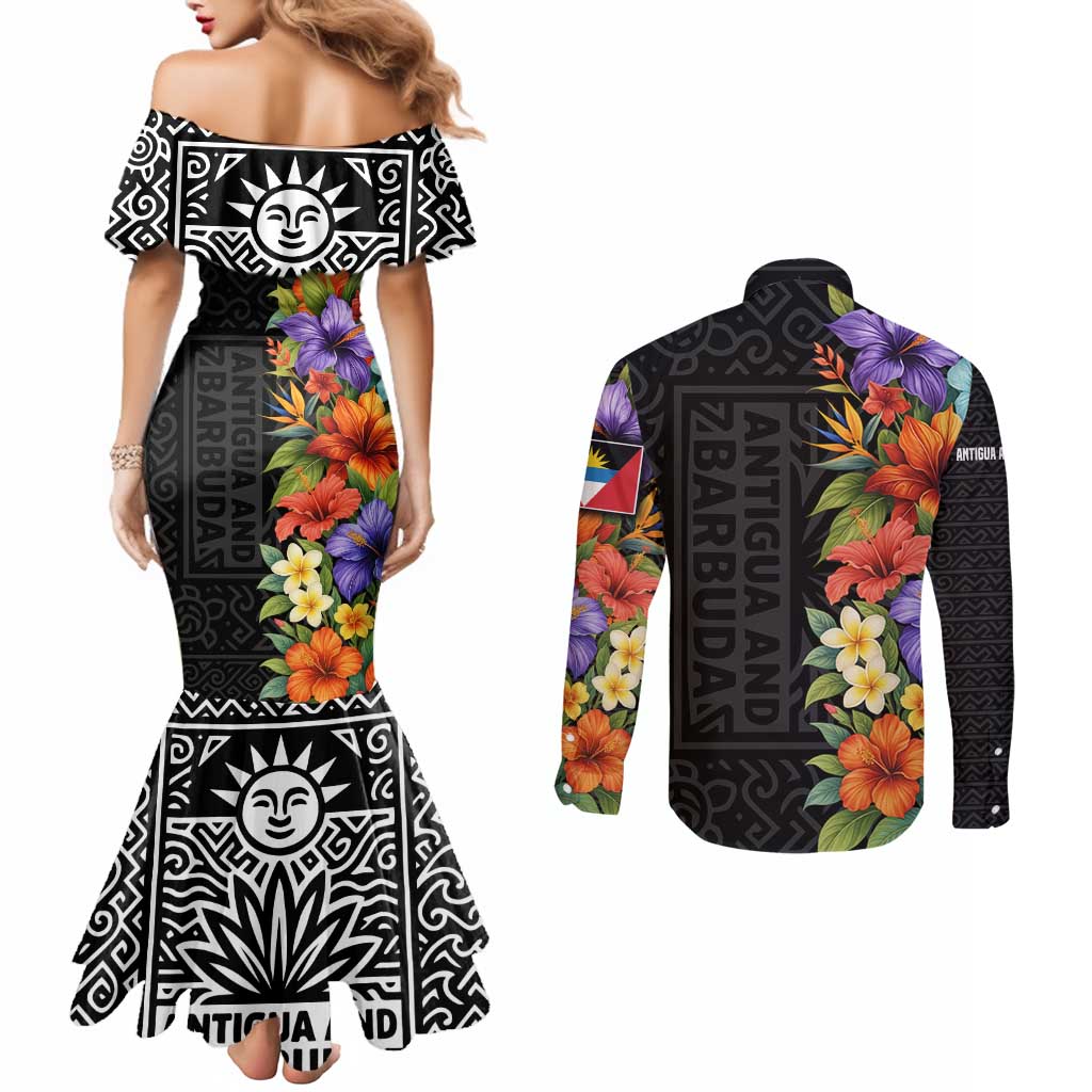 Antigua and Barbuda Floral Couples Matching Mermaid Dress and Long Sleeve Button Shirt with Tropical Hibiscus with National Flag - Wonder Print Shop