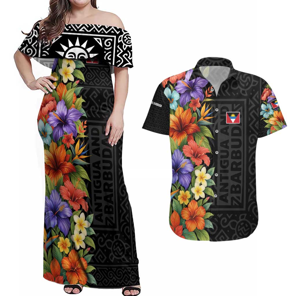 Antigua and Barbuda Floral Couples Matching Off Shoulder Maxi Dress and Hawaiian Shirt with Tropical Hibiscus with National Flag - Wonder Print Shop