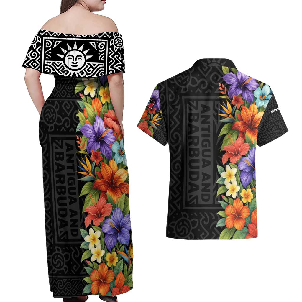 Antigua and Barbuda Floral Couples Matching Off Shoulder Maxi Dress and Hawaiian Shirt with Tropical Hibiscus with National Flag - Wonder Print Shop