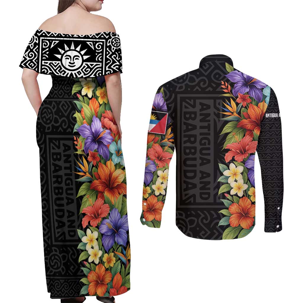 Antigua and Barbuda Floral Couples Matching Off Shoulder Maxi Dress and Long Sleeve Button Shirt with Tropical Hibiscus with National Flag - Wonder Print Shop