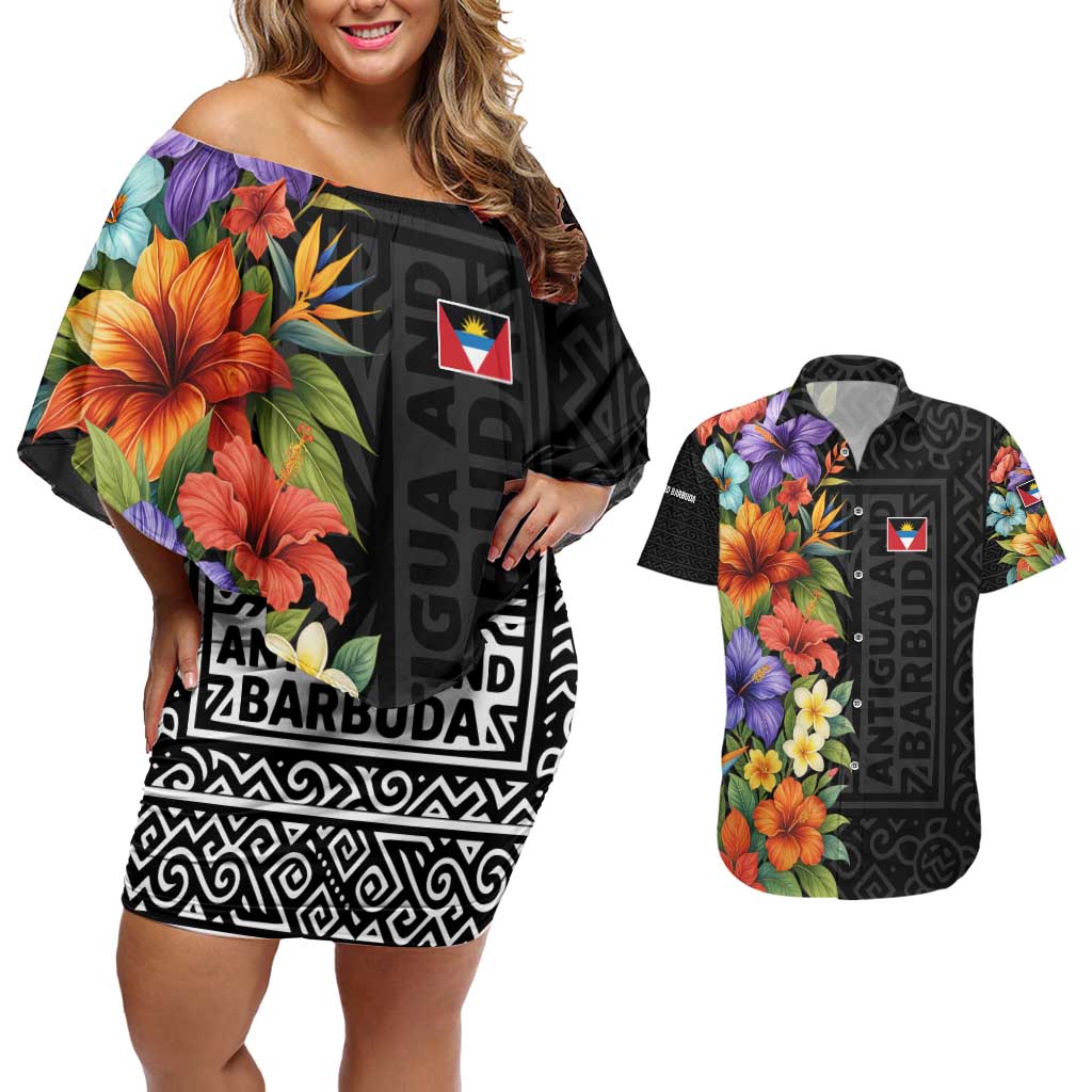 Antigua and Barbuda Floral Couples Matching Off Shoulder Short Dress and Hawaiian Shirt with Tropical Hibiscus with National Flag - Wonder Print Shop
