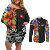 Antigua and Barbuda Floral Couples Matching Off Shoulder Short Dress and Long Sleeve Button Shirt with Tropical Hibiscus with National Flag - Wonder Print Shop