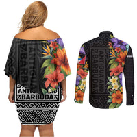 Antigua and Barbuda Floral Couples Matching Off Shoulder Short Dress and Long Sleeve Button Shirt with Tropical Hibiscus with National Flag - Wonder Print Shop