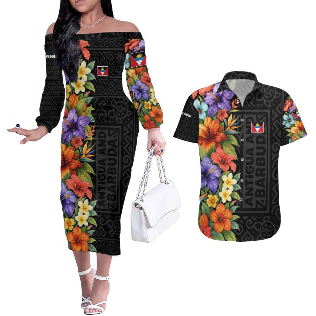Antigua and Barbuda Floral Couples Matching Off The Shoulder Long Sleeve Dress and Hawaiian Shirt with Tropical Hibiscus with National Flag - Wonder Print Shop