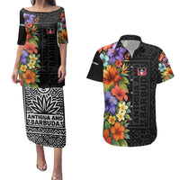Antigua and Barbuda Floral Couples Matching Puletasi and Hawaiian Shirt with Tropical Hibiscus with National Flag - Wonder Print Shop