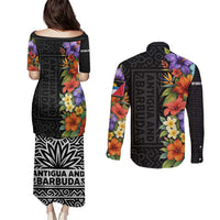 Antigua and Barbuda Floral Couples Matching Puletasi and Long Sleeve Button Shirt with Tropical Hibiscus with National Flag - Wonder Print Shop