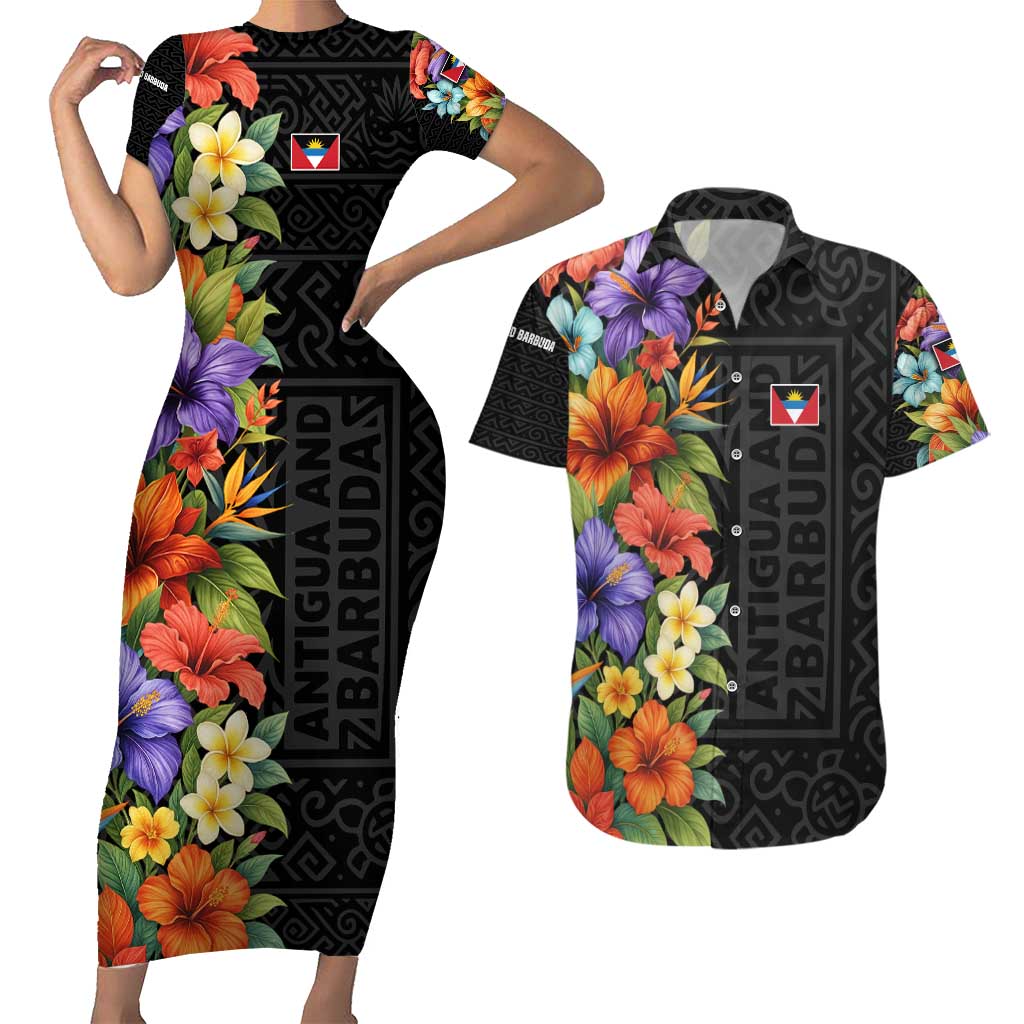 Antigua and Barbuda Floral Couples Matching Short Sleeve Bodycon Dress and Hawaiian Shirt with Tropical Hibiscus with National Flag - Wonder Print Shop