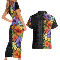 Antigua and Barbuda Floral Couples Matching Short Sleeve Bodycon Dress and Hawaiian Shirt with Tropical Hibiscus with National Flag - Wonder Print Shop