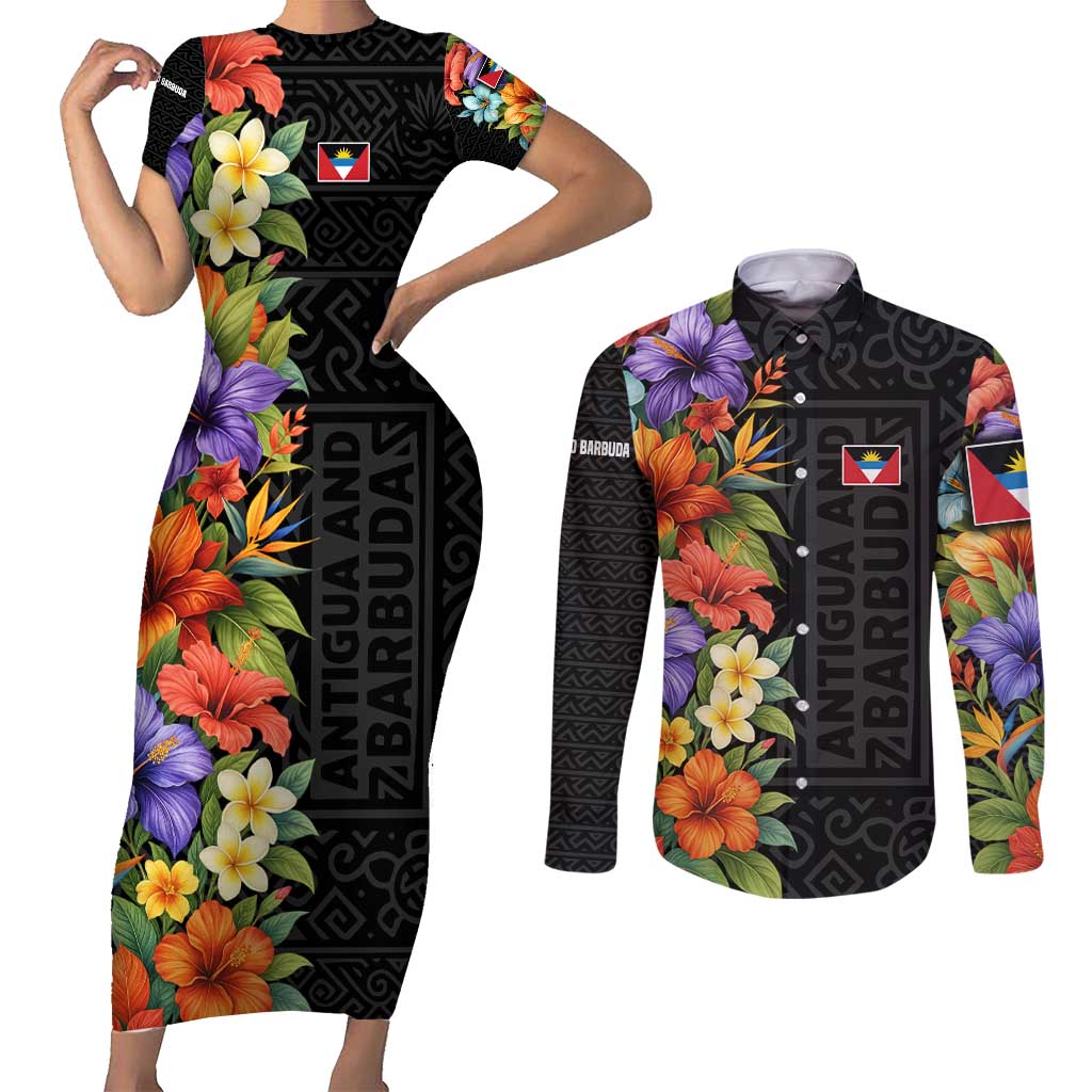 Antigua and Barbuda Floral Couples Matching Short Sleeve Bodycon Dress and Long Sleeve Button Shirt with Tropical Hibiscus with National Flag - Wonder Print Shop