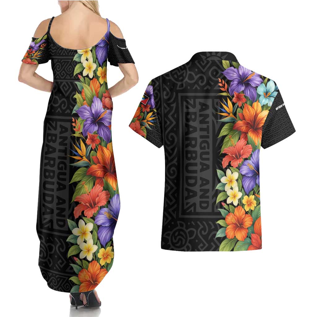 Antigua and Barbuda Floral Couples Matching Summer Maxi Dress and Hawaiian Shirt with Tropical Hibiscus with National Flag - Wonder Print Shop