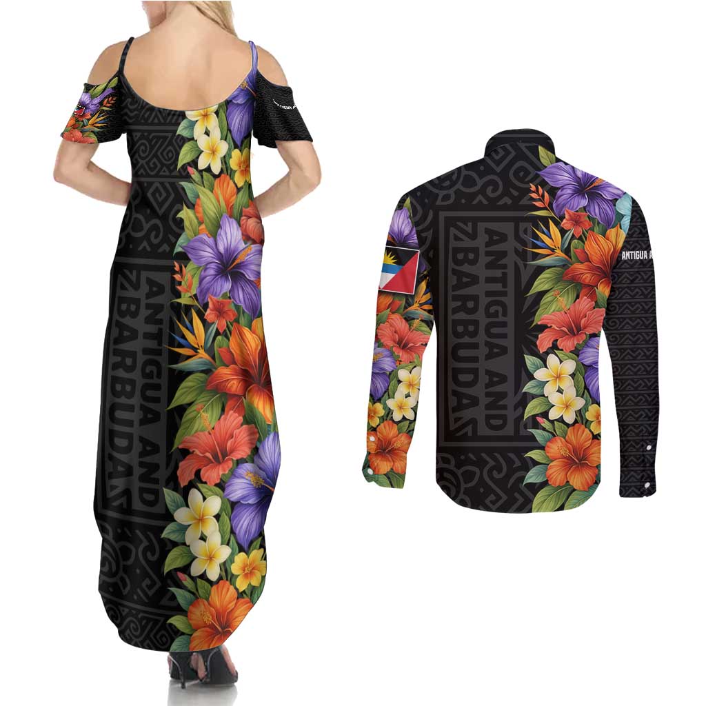 Antigua and Barbuda Floral Couples Matching Summer Maxi Dress and Long Sleeve Button Shirt with Tropical Hibiscus with National Flag - Wonder Print Shop