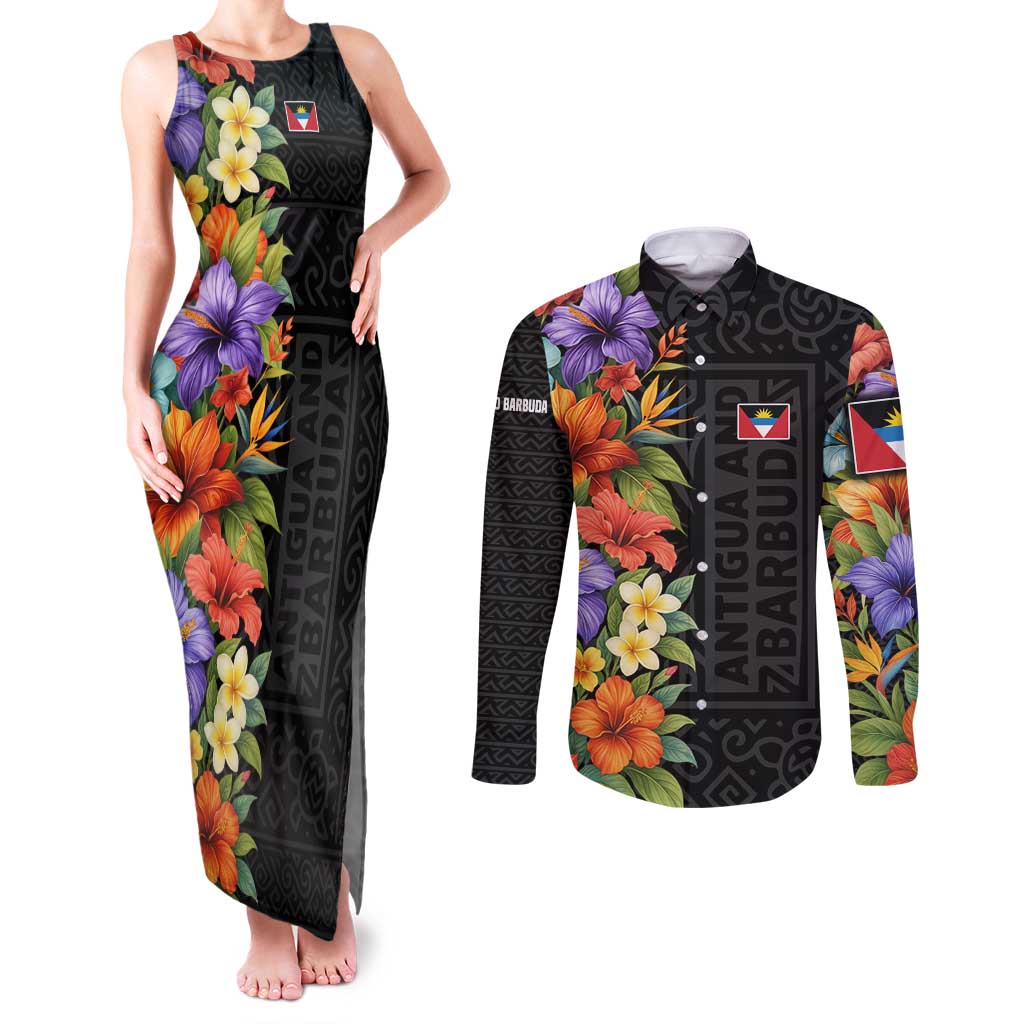 Antigua and Barbuda Floral Couples Matching Tank Maxi Dress and Long Sleeve Button Shirt with Tropical Hibiscus with National Flag - Wonder Print Shop